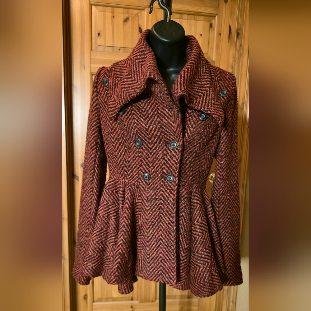 Free People Burgundy and Black Pea Coat